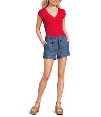 Blu Pepper V-Neck Short Sleeve Half Snap Button Knit Top