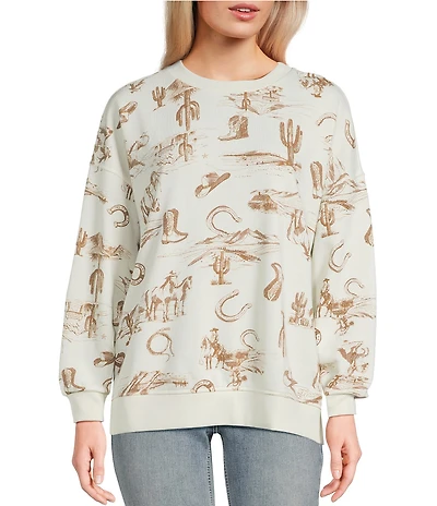 Blu Pepper Western Printed Crew Neck Long Sleeve Knit Top