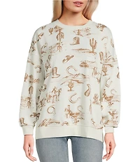 Blu Pepper Western Printed Crew Neck Long Sleeve Knit Top