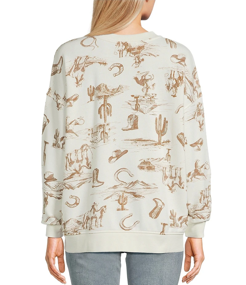 Blu Pepper Western Printed Crew Neck Long Sleeve Knit Top