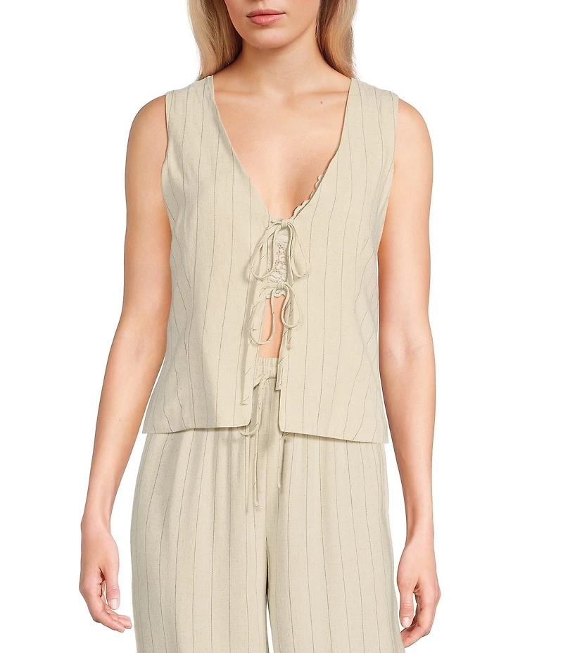 Blu Pepper Woven Striped V-Neck Tie Front Coordinating Vest Top