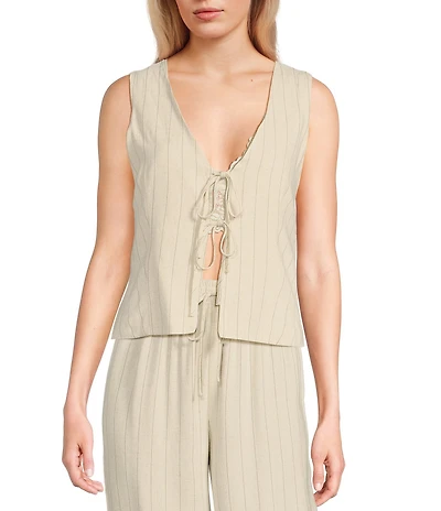 Blu Pepper Woven Striped V-Neck Tie Front Coordinating Vest Top