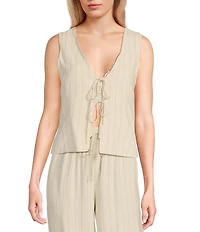 Blu Pepper Woven Striped V-Neck Tie Front Coordinating Vest Top