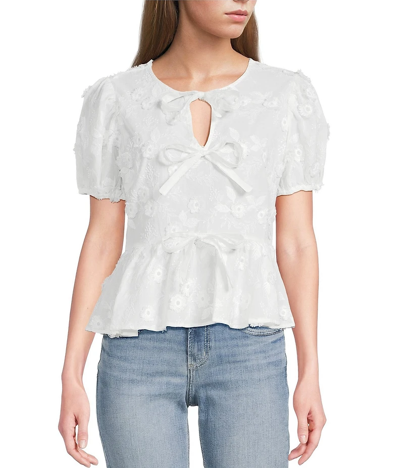 Blu Peppers Floral Embordered Short Puff Sleeve Tie Front Top