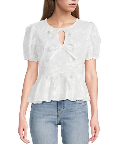 Blu Peppers Floral Embordered Short Puff Sleeve Tie Front Top