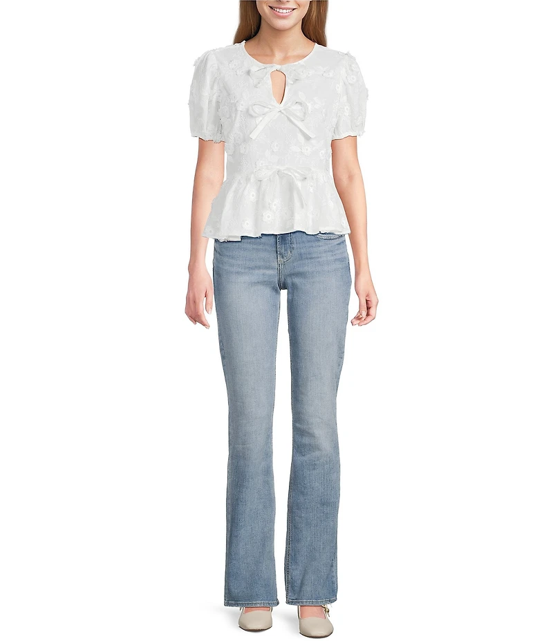 Blu Peppers Floral Embordered Short Puff Sleeve Tie Front Top