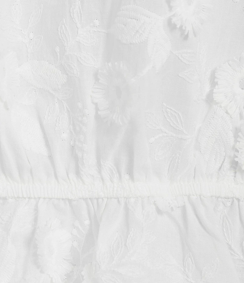 Blu Peppers Floral Embordered Short Puff Sleeve Tie Front Top