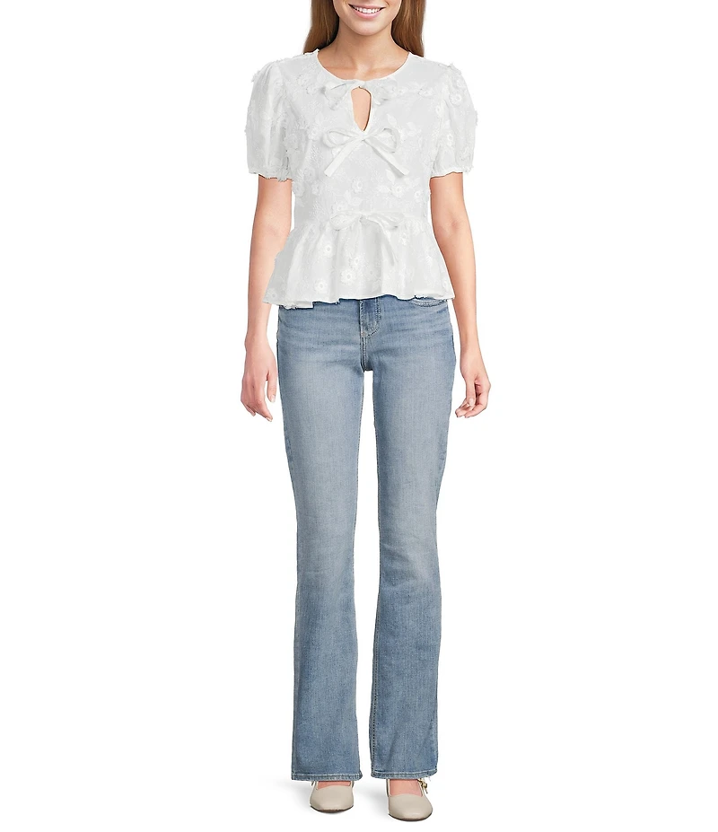 Blu Pepper Floral Embordered Short Puff Sleeve Tie Front Top