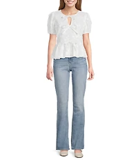 Blu Pepper Floral Embordered Short Puff Sleeve Tie Front Top