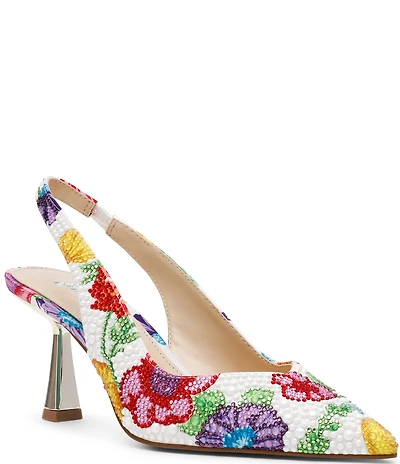 Blue by Betsey Johnson Clark Floral Print Pearl and Rhinestone Slingback Pumps