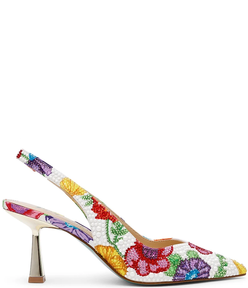 Blue by Betsey Johnson Clark Floral Print Pearl and Rhinestone Slingback Pumps