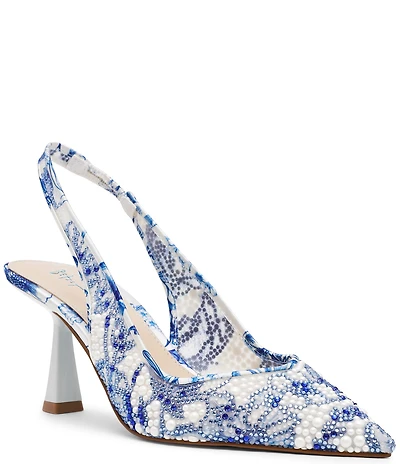 Blue by Betsey Johnson Clark Mesh Floral Pearl Rhinestone Slingback Pumps