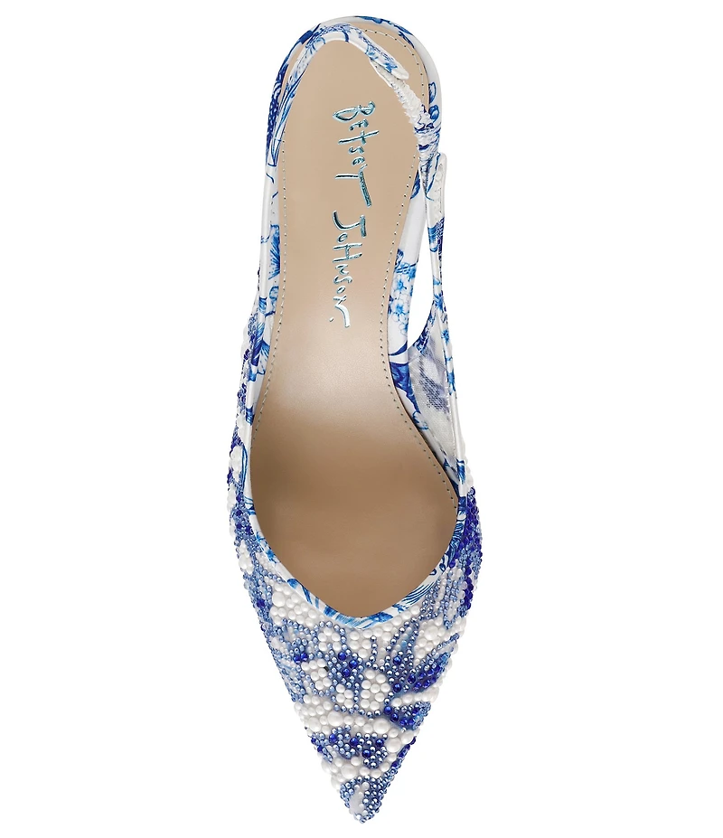 Blue by Betsey Johnson Clark Mesh Floral Pearl Rhinestone Slingback Pumps