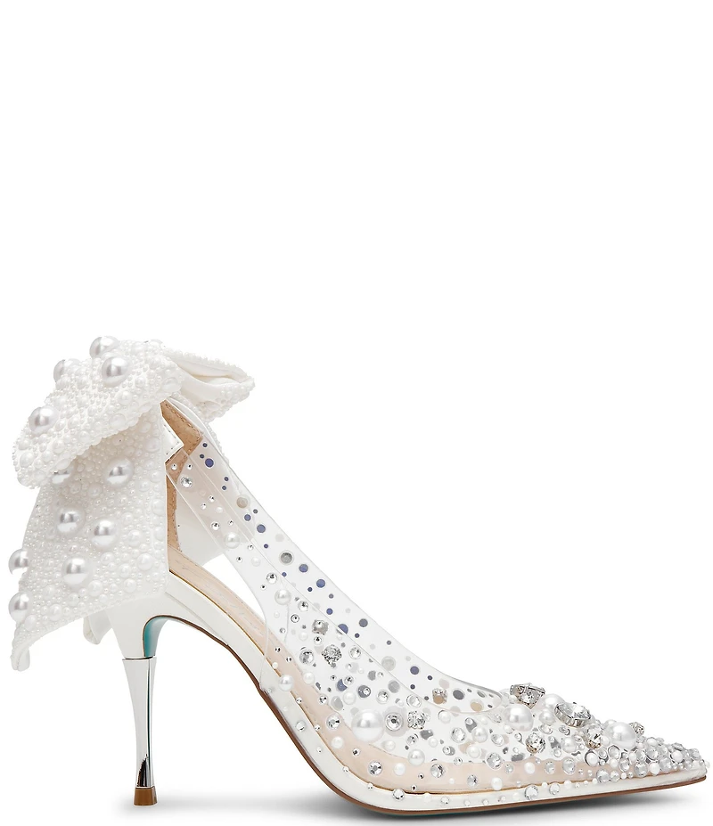 Blue by Betsey Johnson Esmy Pearl Detail Clear Oversized Bow Pumps