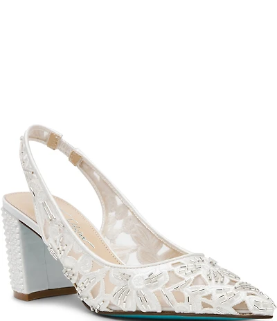 Blue by Betsey Johnson Kit Beaded Slingback Pearl Block Heel Pumps