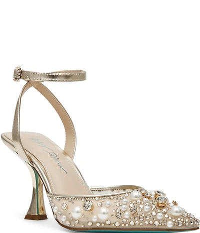 Blue by Betsey Johnson Livv Pearl and Rhinestone Accent Ankle Strap Pumps