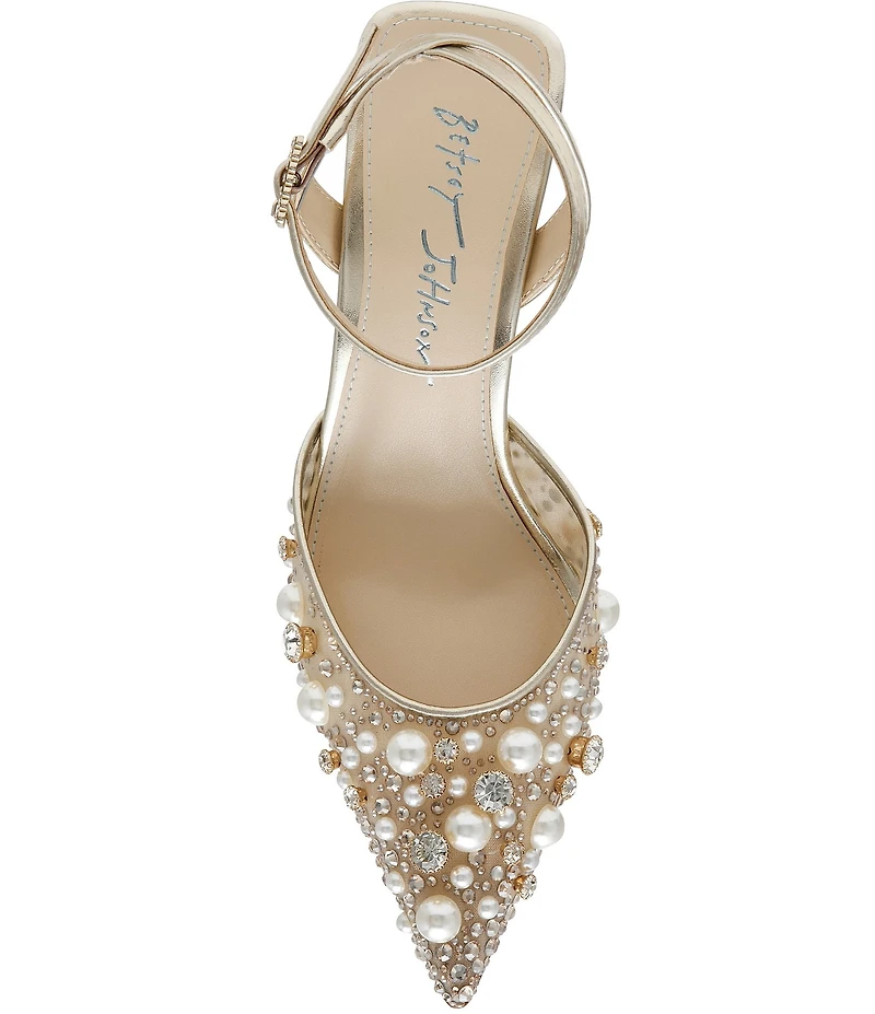 Blue by Betsey Johnson Livv Pearl and Rhinestone Accent Ankle Strap Pumps