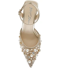 Blue by Betsey Johnson Livv Pearl and Rhinestone Accent Ankle Strap Pumps