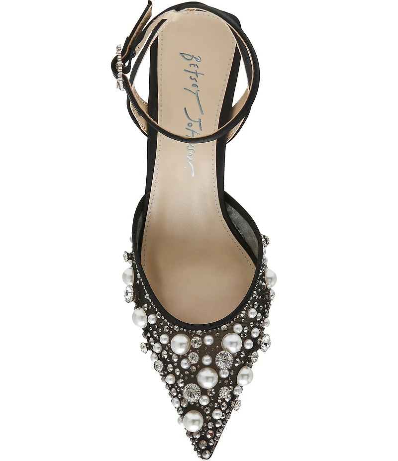 Blue by Betsey Johnson Livv Pearl and Rhinestone Accent Ankle Strap Pumps