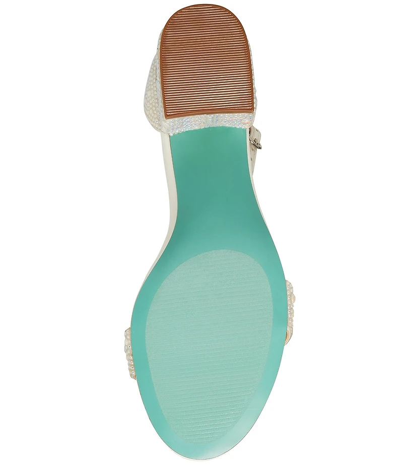 Blue by Betsey Johnson Mari Pearl Embellished Ankle Strap Block Heel Dress Sandals