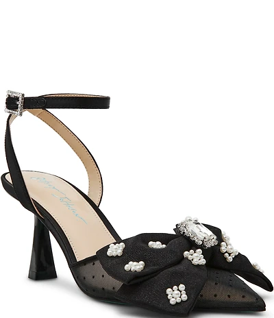 Blue by Betsey Johnson Mark Mesh Oversized Bow Jewel and Pearl Ornamented Ankle Strap Pumps