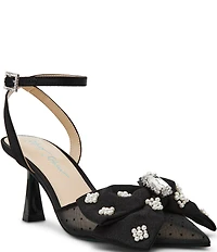 Blue by Betsey Johnson Mark Mesh Oversized Bow Jewel and Pearl Ornamented Ankle Strap Pumps