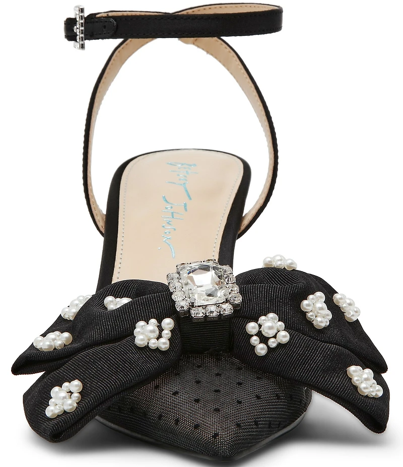 Blue by Betsey Johnson Mark Mesh Oversized Bow Jewel and Pearl Ornamented Ankle Strap Pumps