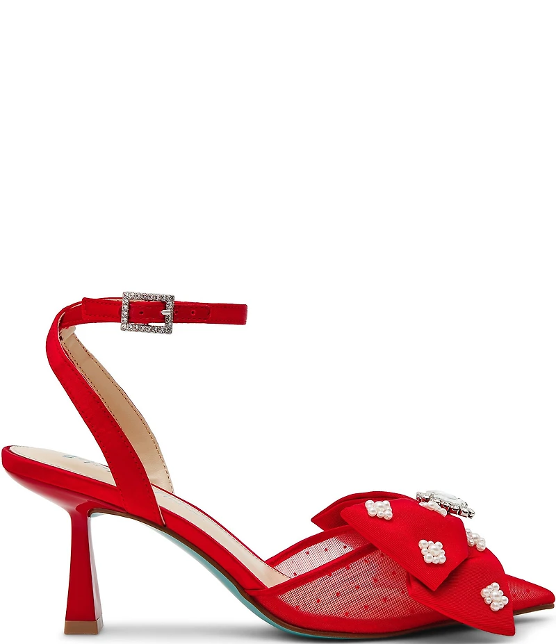 Blue by Betsey Johnson Mark Mesh Oversized Bow Jewel and Pearl Ornamented Ankle Strap Pumps