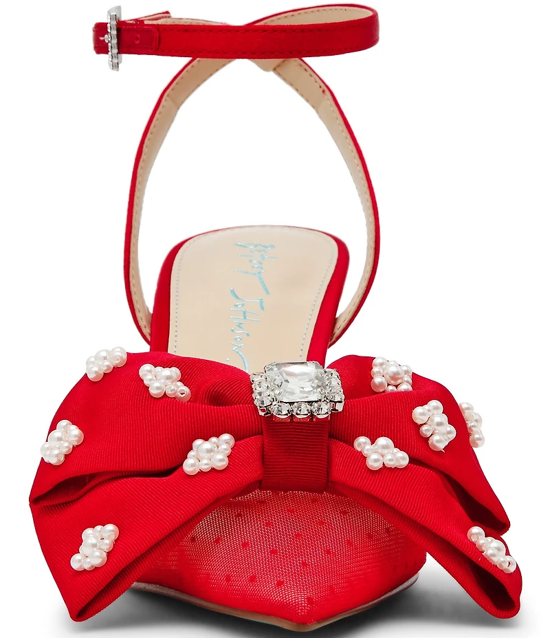 Blue by Betsey Johnson Mark Mesh Oversized Bow Jewel and Pearl Ornamented Ankle Strap Pumps