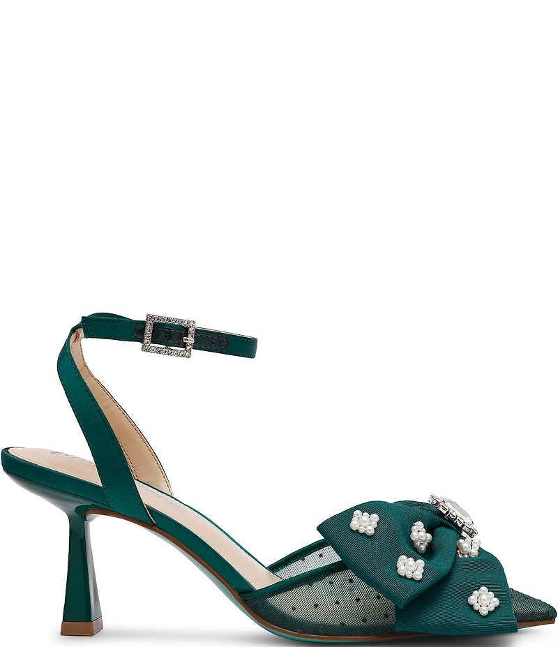 Blue by Betsey Johnson Mark Mesh Oversized Bow Jewel and Pearl Ornamented Ankle Strap Pumps