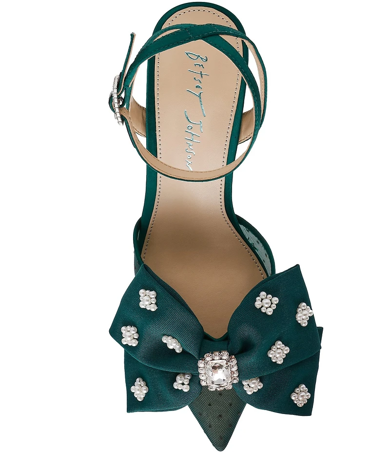 Blue by Betsey Johnson Mark Mesh Oversized Bow Jewel and Pearl Ornamented Ankle Strap Pumps
