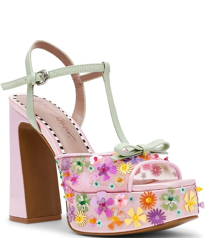 Blue by Betsey Johnson Melodie Mesh Floral Applique T-strap Platform Dress Sandals