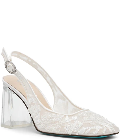 Blue by Betsey Johnson Ninah Mesh Embellished Clear Heel Slingback Pumps