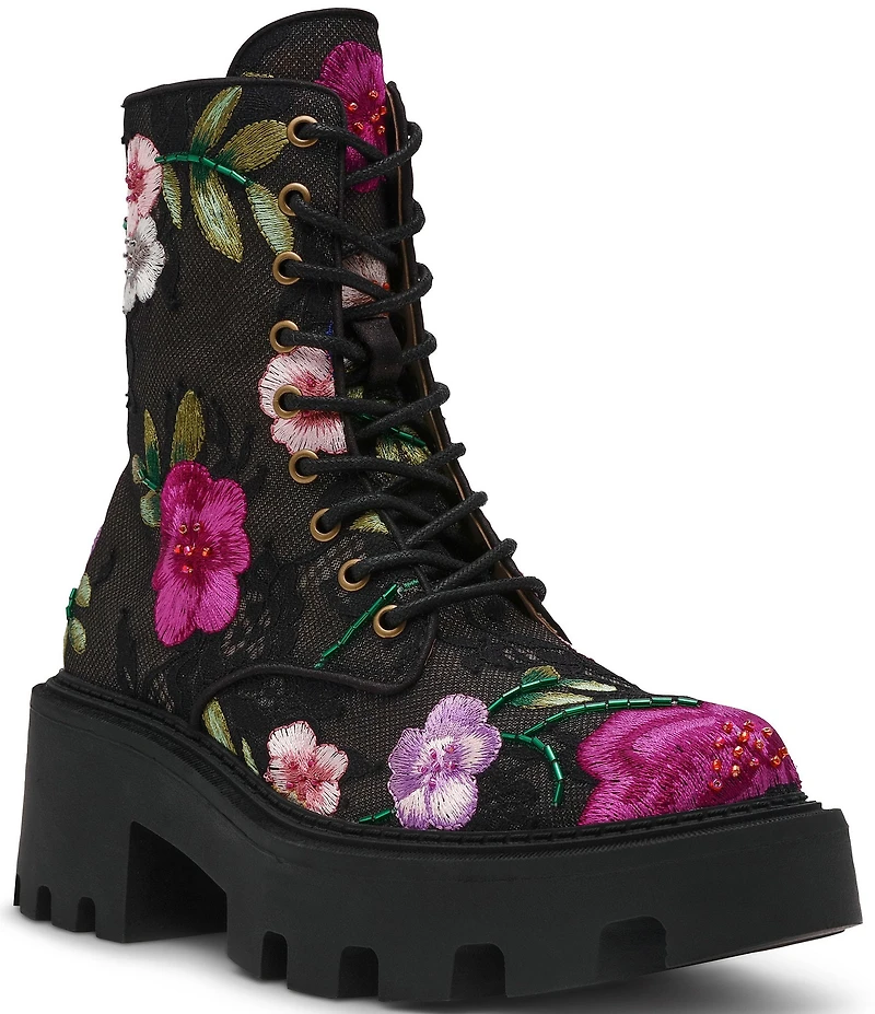 Blue by Betsey Johnson Polli Floral Embroidered Mesh Platform Combat Boots