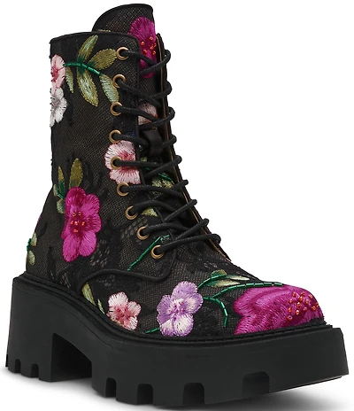 Blue by Betsey Johnson Polli Floral Embroidered Mesh Platform Combat Boots