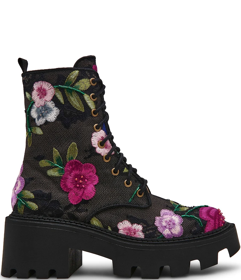 Blue by Betsey Johnson Polli Floral Embroidered Mesh Platform Combat Boots