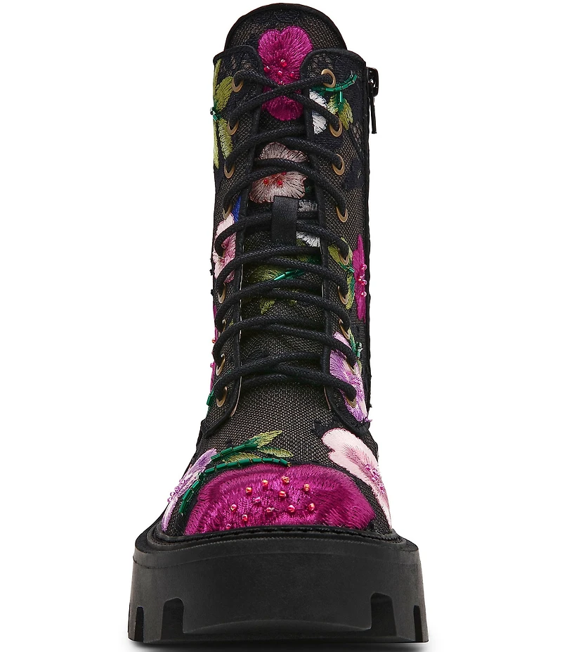 Blue by Betsey Johnson Polli Floral Embroidered Mesh Platform Combat Boots