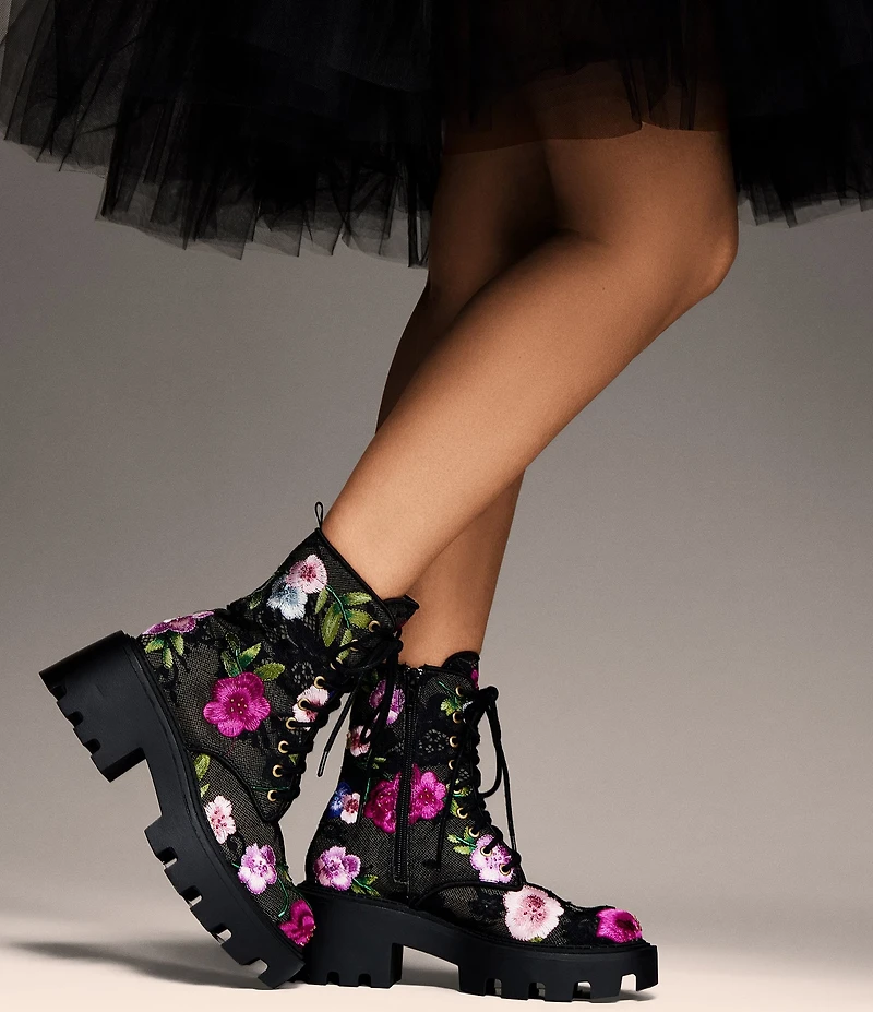 Blue by Betsey Johnson Polli Floral Embroidered Mesh Platform Combat Boots