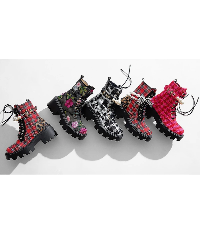 Blue by Betsey Johnson Polli Floral Embroidered Mesh Platform Combat Boots