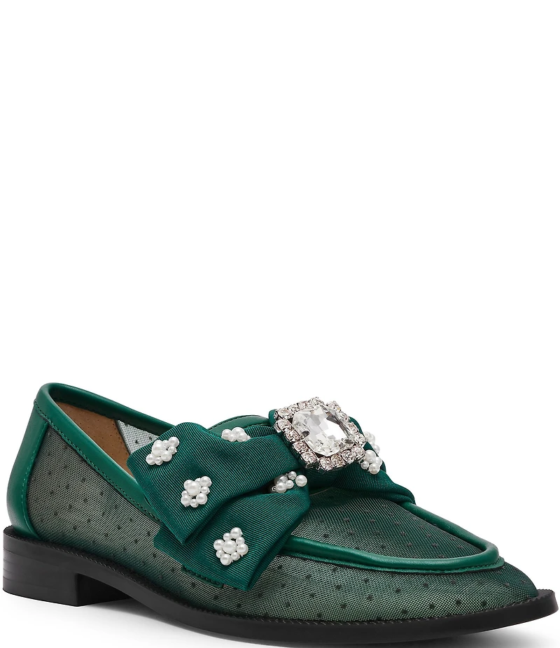 Blue by Betsey Johnson Seth Mesh Oversized Bow Pearl and Jewel Ornamented Loafers