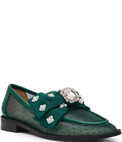Blue by Betsey Johnson Seth Mesh Oversized Bow Pearl and Jewel Ornamented Loafers