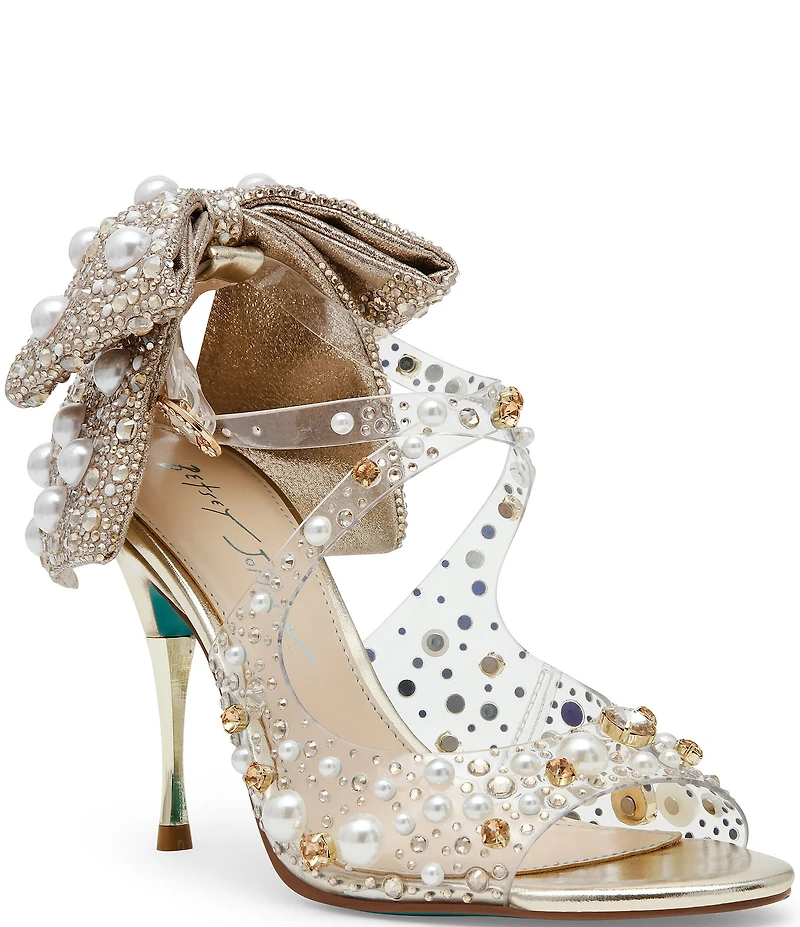 Blue by Betsey Johnson Tessa Pearl Detail Lucite Upper Oversized Bow Dress Sandals