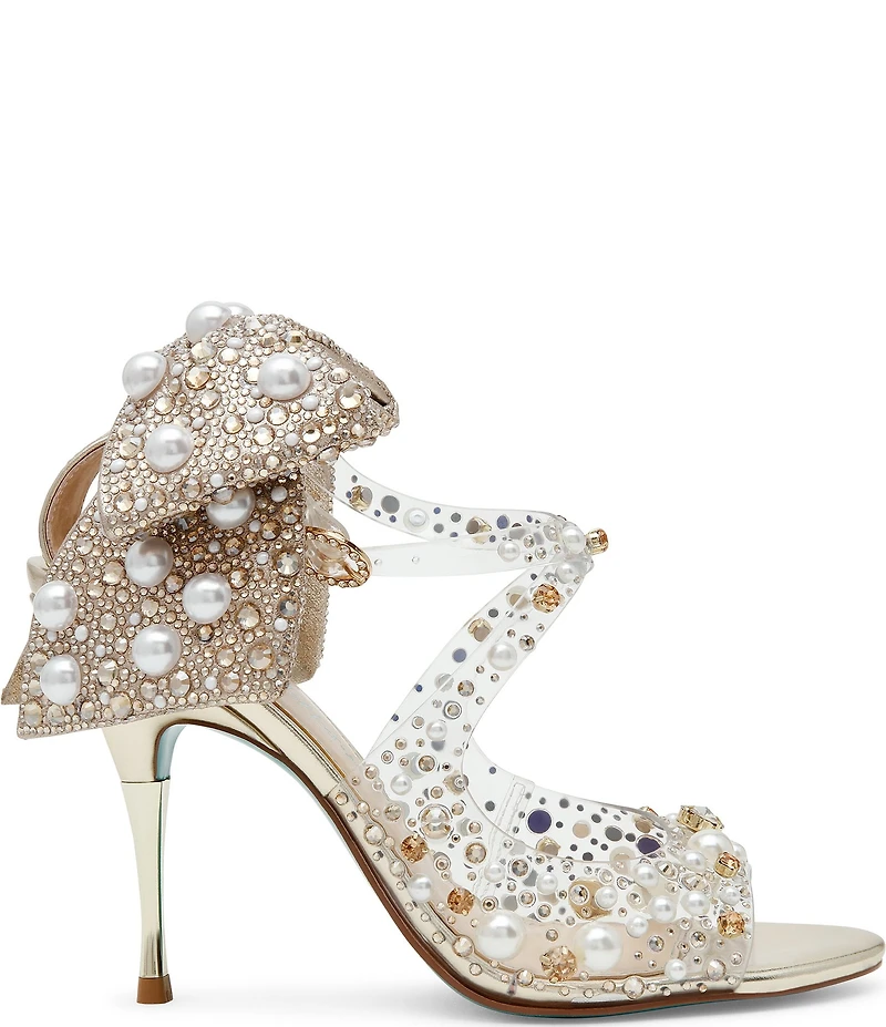 Blue by Betsey Johnson Tessa Pearl Detail Lucite Upper Oversized Bow Dress Sandals
