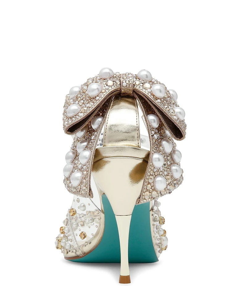 Blue by Betsey Johnson Tessa Pearl Detail Lucite Upper Oversized Bow Dress Sandals