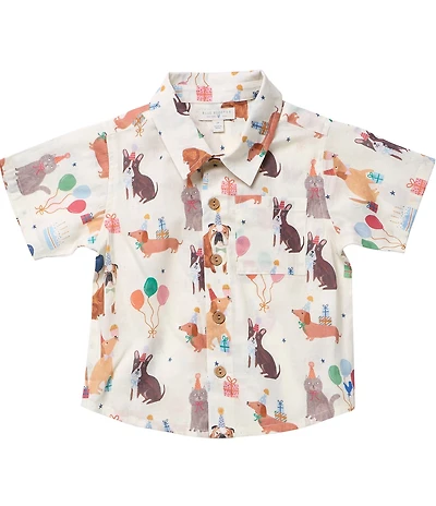Blue Rooster by Pink Chicken Boys Short Sleeve Party Pets Button Front Shirt