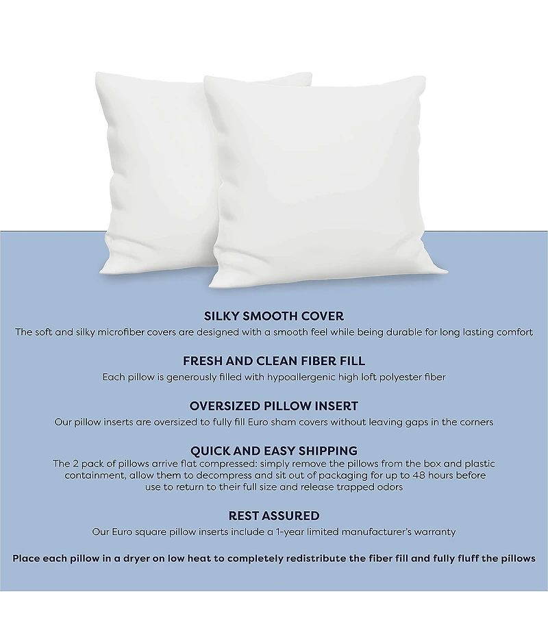 BodiPEDIC Fiber Filled Square Euro Pillow Insert, Set of 2