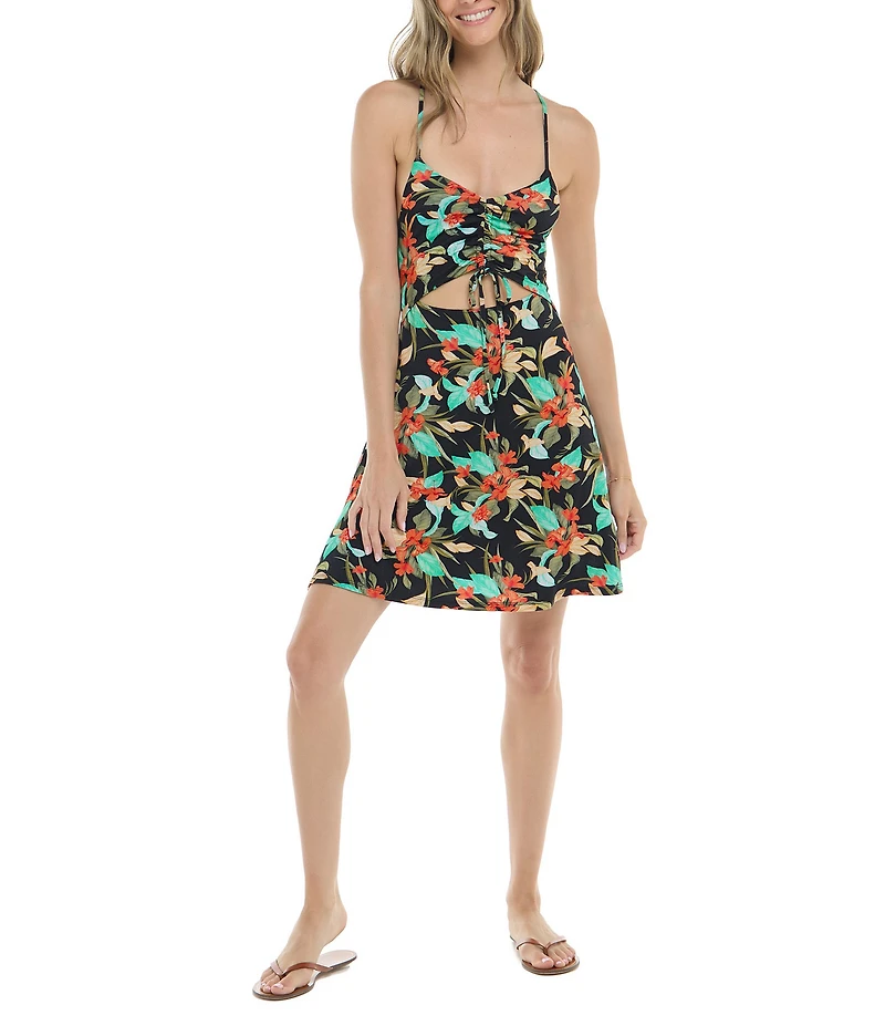 Body Glove Hamoa Ivana Floral Leaf Scoop Neck Tie Front Dress Swim Cover-Up