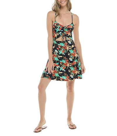 Body Glove Hamoa Ivana Floral Leaf Scoop Neck Tie Front Dress Swim Cover-Up