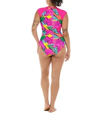 Body Glove Tulum Stand Up Crew Neck Raglan Sleeve Zip Front One Piece Swimsuit