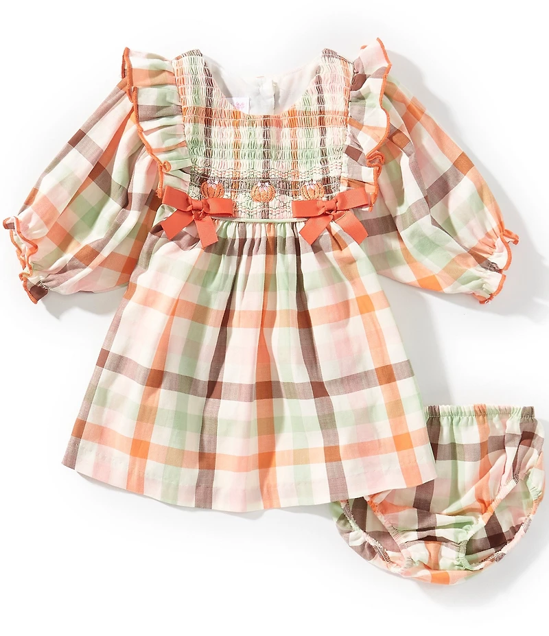 Bonnie Jean Baby Girls 3/4 Sleeve Plaid Pumpkin Embroidered Smocked Dress